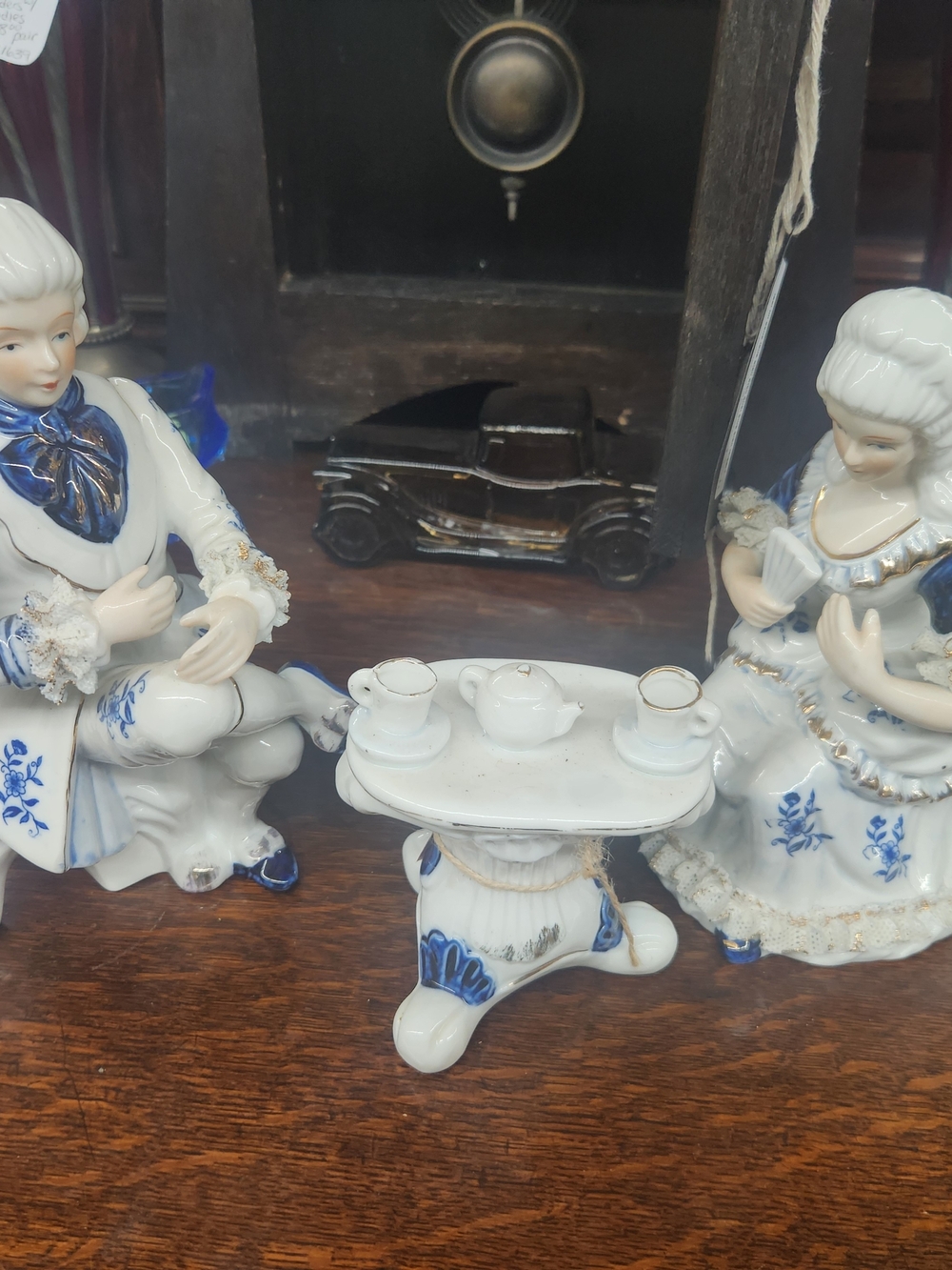 Vintage Porcelain Couple Tea Time Figurine Set - White & Blue